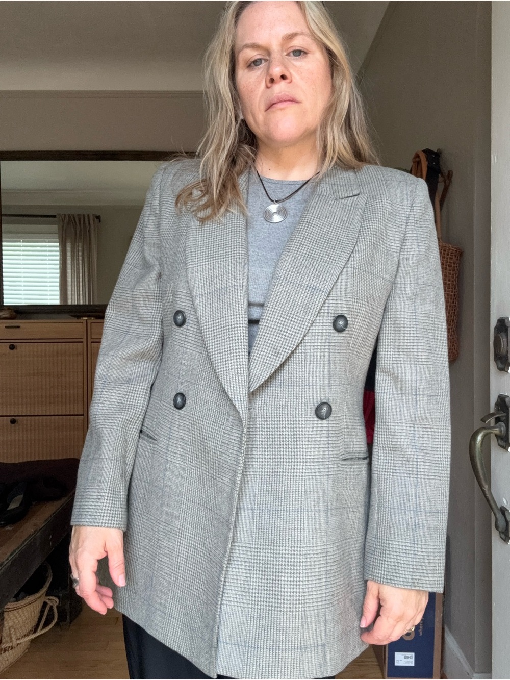Jones New York Gray Glen Plaid Double-Breasted Blazer